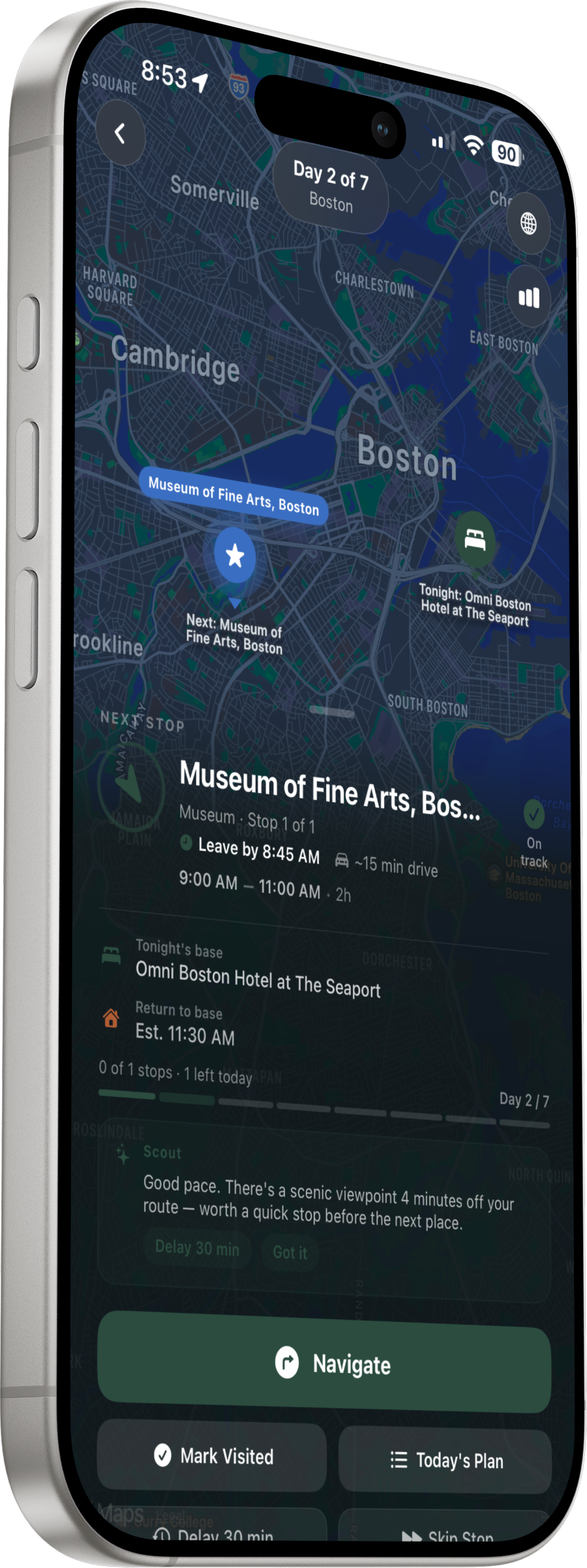 Outpost Go day planner and route map on a silver iPhone