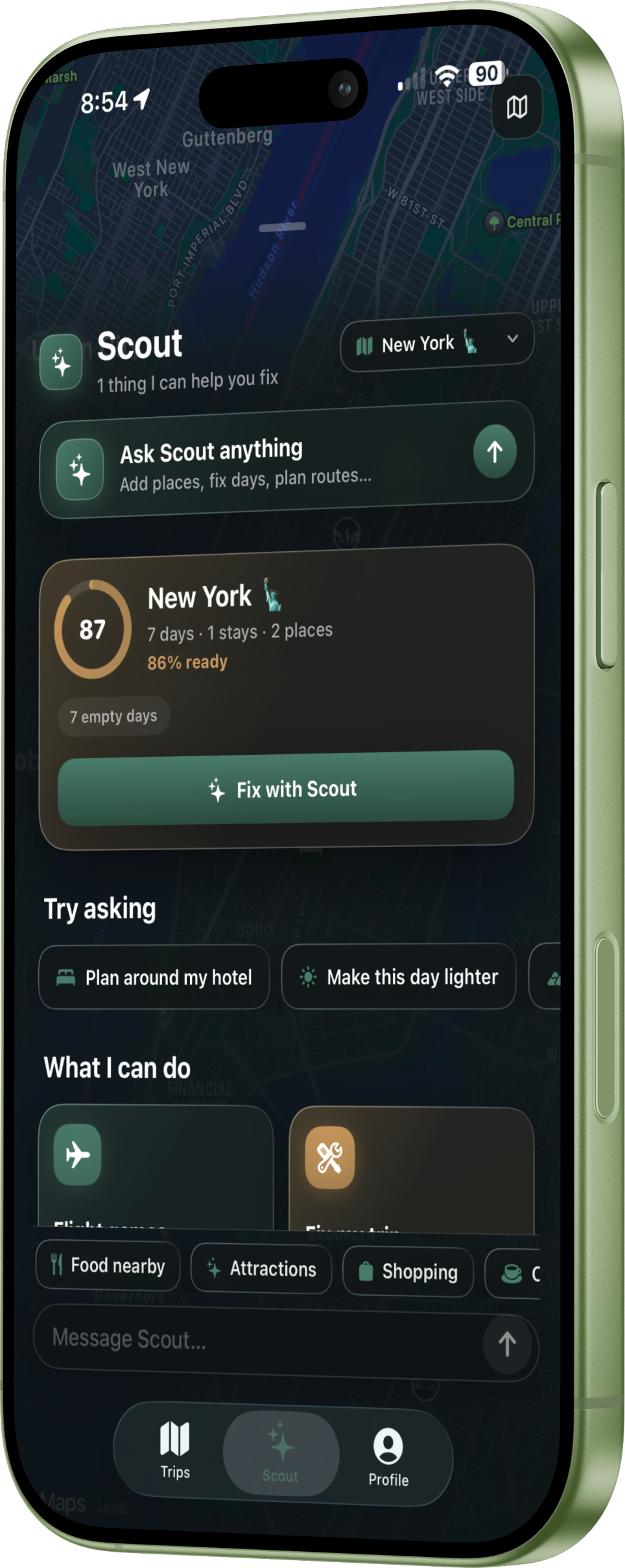 Outpost Go Scout trip assistant screen on a green iPhone