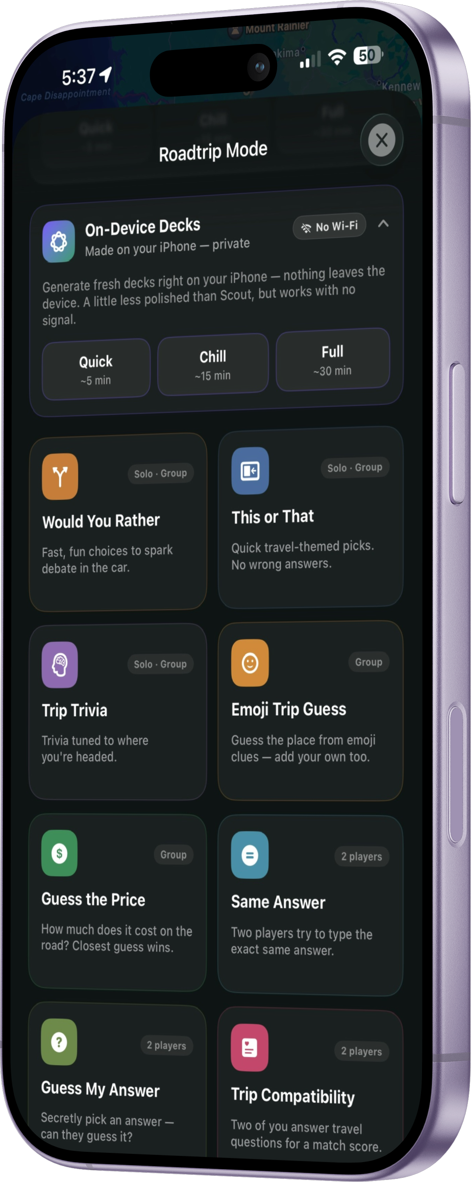 Outpost Go offline road trip games screen on a lavender iPhone