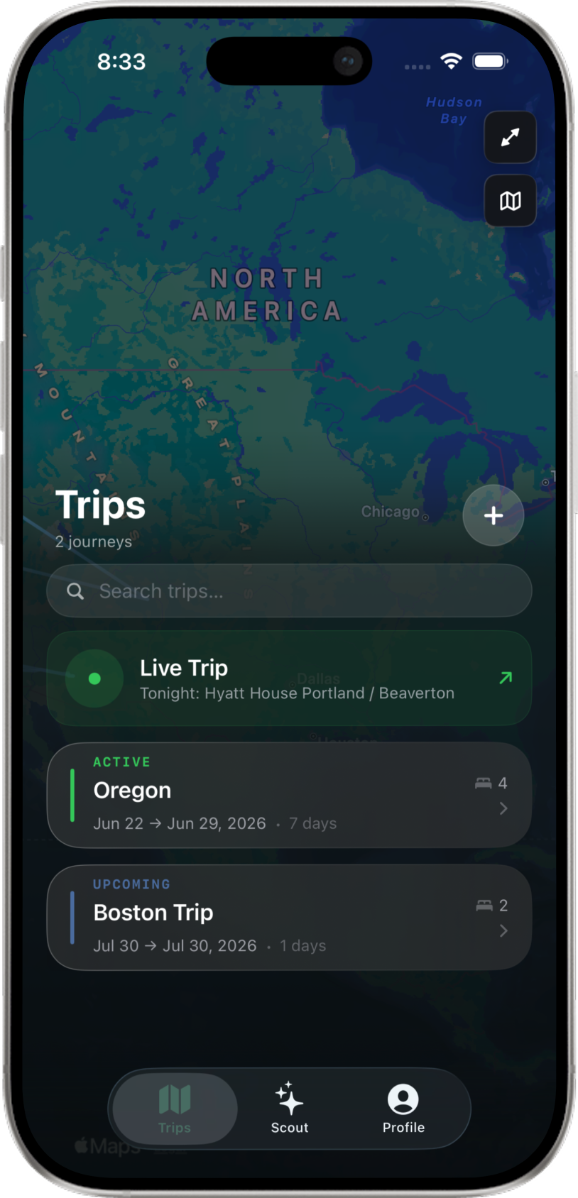 Outpost Go Trips screen with active and upcoming travel plans