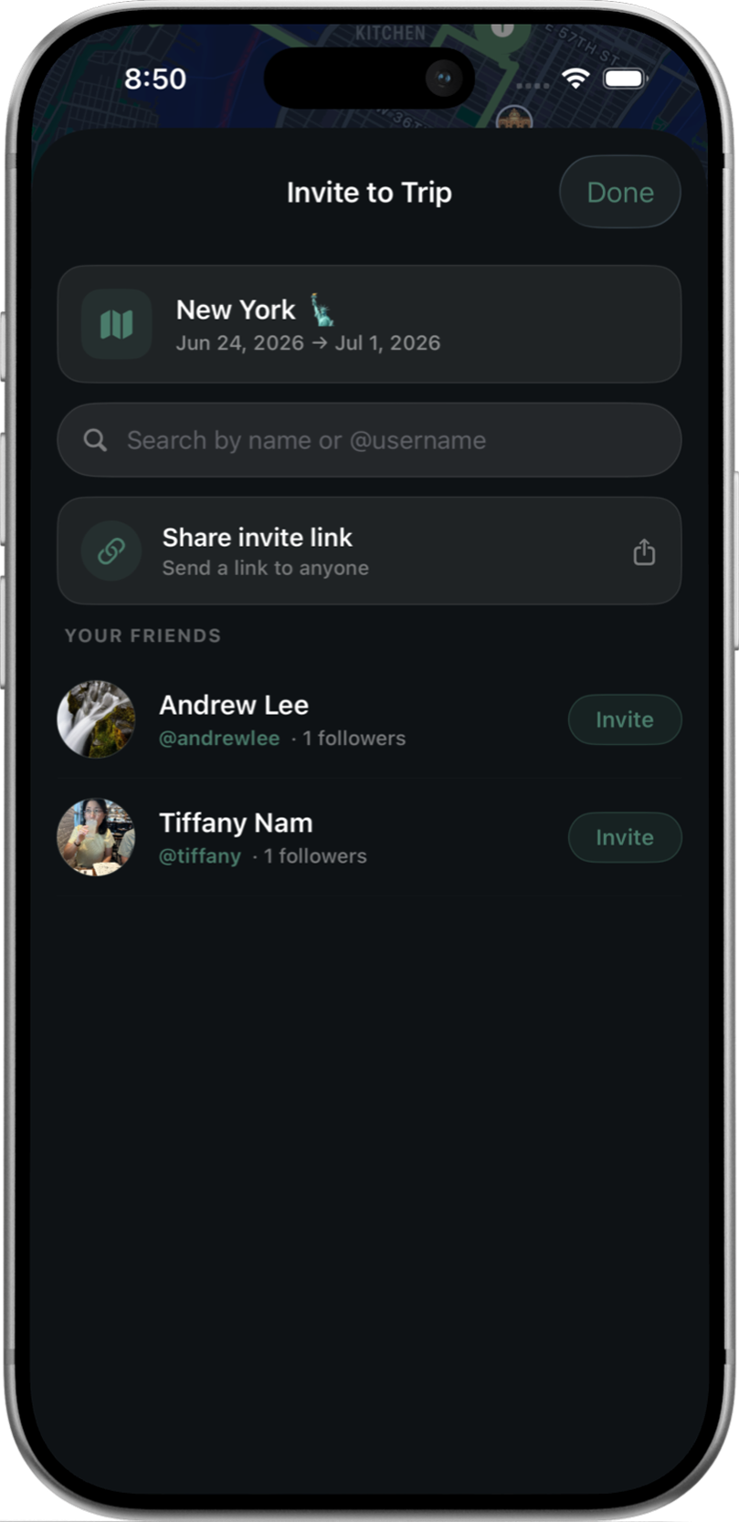Outpost Go shared itinerary invite screen for adding friends to a trip