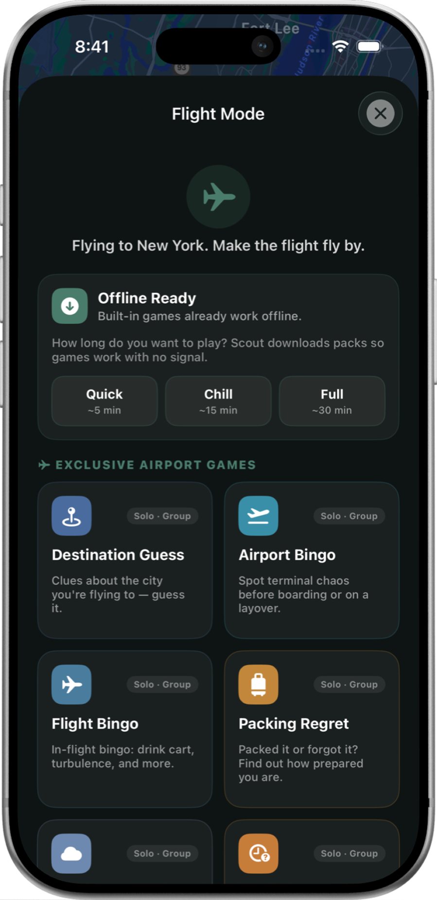 Outpost Go offline travel games and flight mode screen