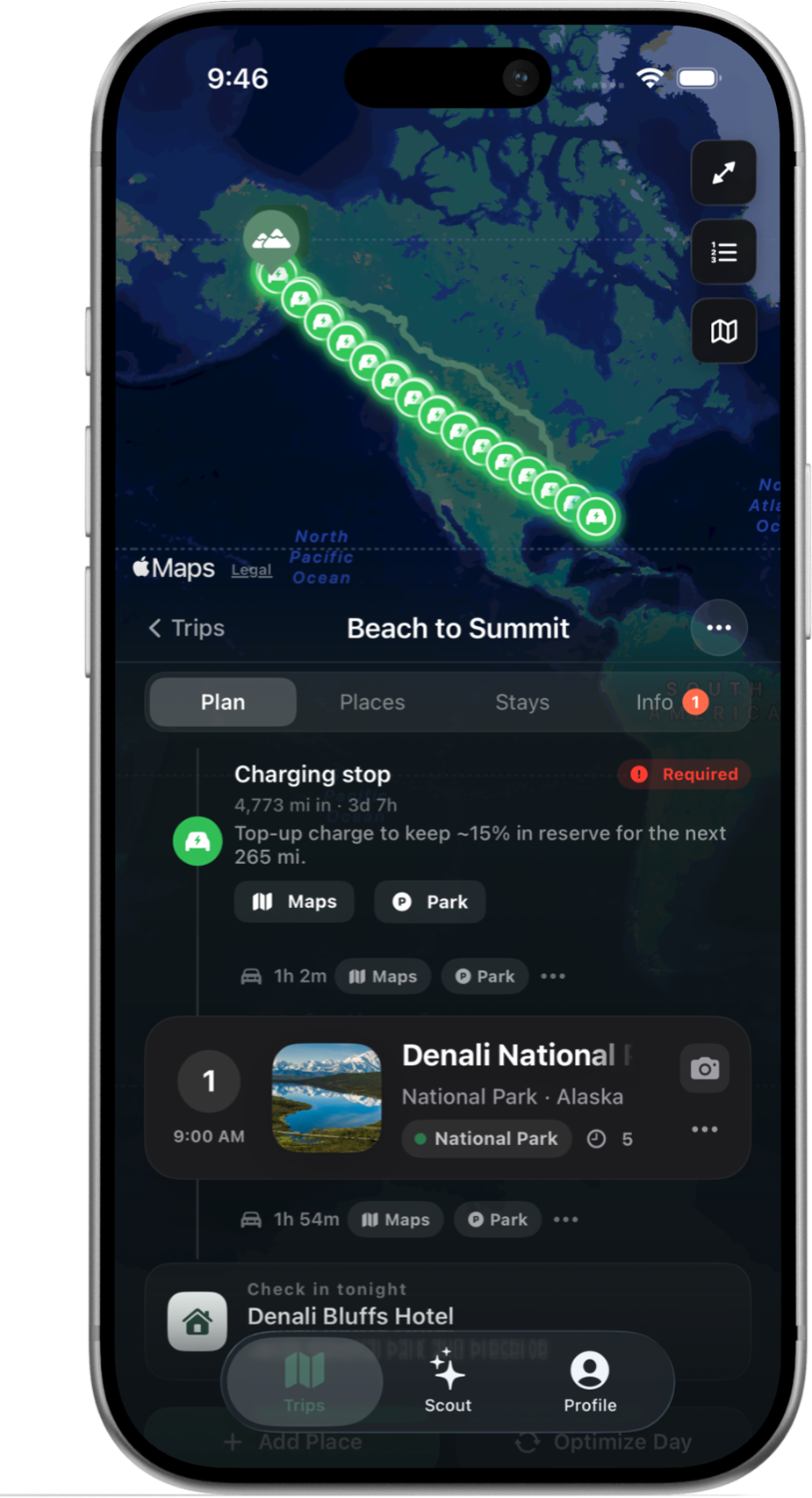Outpost Go electric road trip charging route and itinerary screen