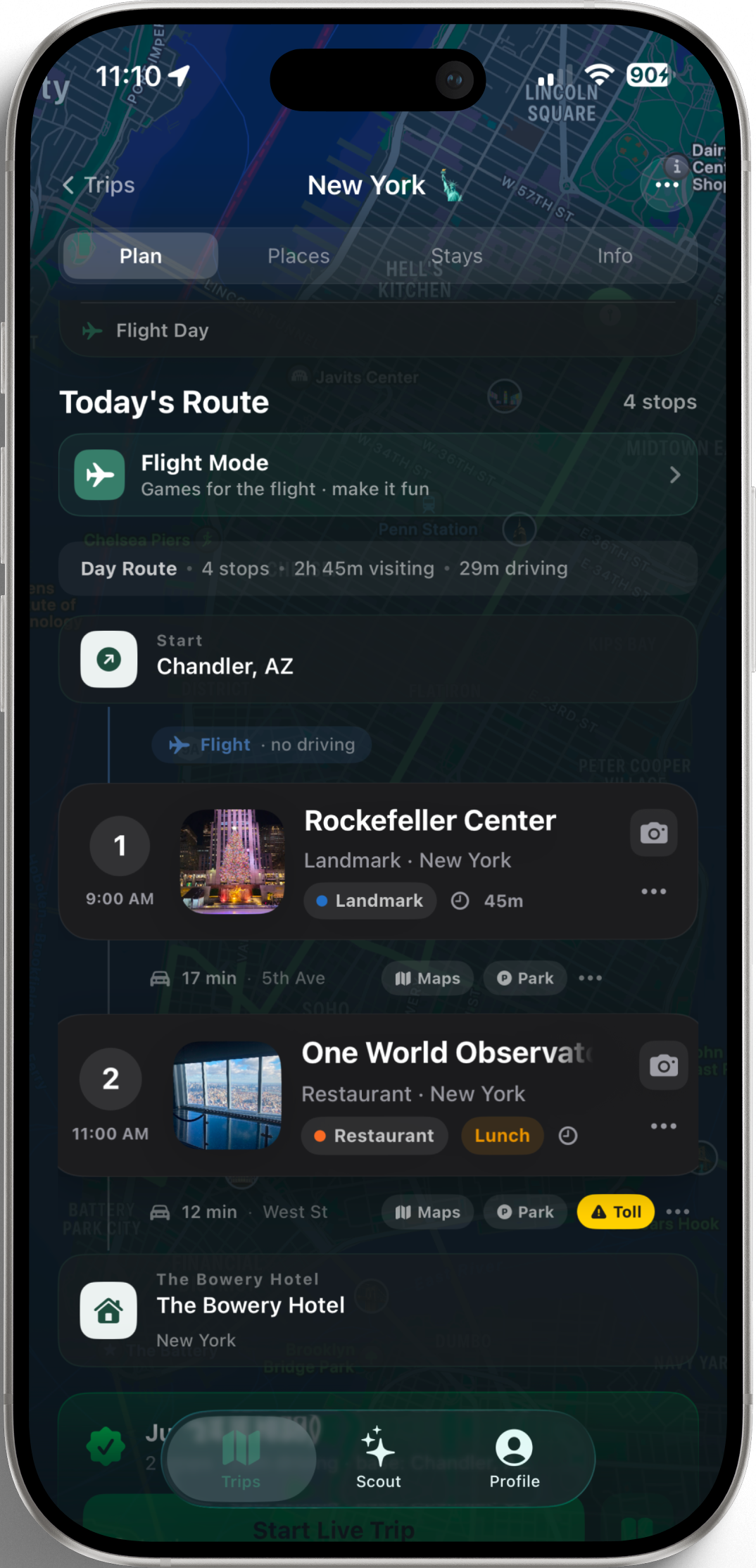 Outpost Go route planner showing a trip with flight and drive segments